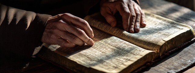 Monk's Hands Tracing Verses on a Worn Bible Page with Soft Lighting and Detailed Textures
