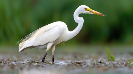 Great egret wading in wetland, hunting, green background, wildlife photography
