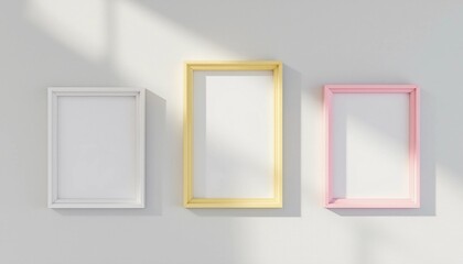  Three Minimalist Wall Frames in Soft Pastel Tones of White, Yellow, and Pink Against a Light Background