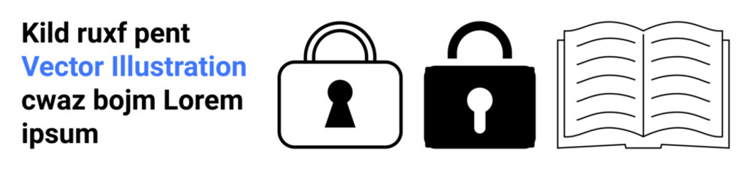 Two lock icons, one white and one black, alongside an open book with text. Ideal for security, encryption, privacy, data protection, knowledge sharing cybersecurity education themes. Landing page