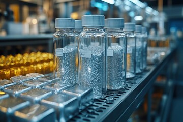 Erbium ingots and oxide powder in glass containers displayed in modern laboratory.

