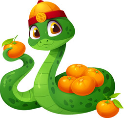 Fototapeta premium Asian horoscope cartoon snake character with Chinese New Year holiday mandarin oranges. Lunar calendar snake animal vector personage with asian holiday fruit gifts and oriental traditional hat