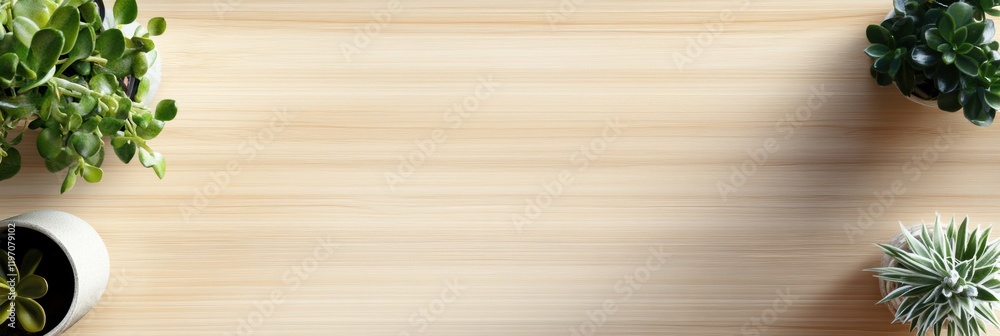 Fototapete Minimalistic workspace with green plants and ample space for text and creativity on a wooden surface. Generative AI