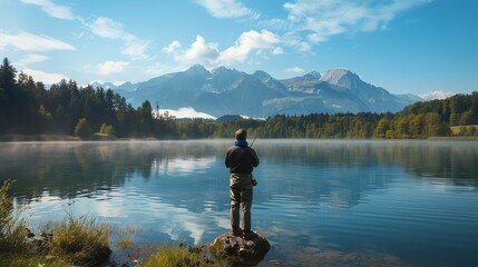 A man is fly fishing on a lake with mountains in the background.