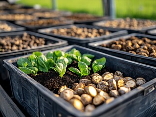 Harvested vegetables in reusable crates on a farm, sustainability and zerowaste agriculture concept