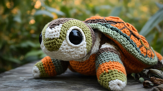 A handmade looking plush turtle with crochet style shell patterns