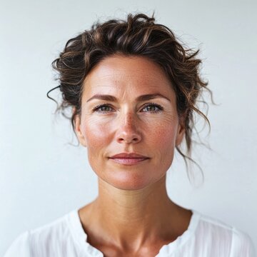 An ethic portrait photo, LinkedIn style, of a confident and assured 36 years old Female, from Sweden, with the following imperfection: uneven skin texture.