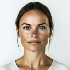 An ethic portrait photo, LinkedIn style, of a confident and assured 36 years old Female, from Sweden, with the following imperfection: uneven skin texture.