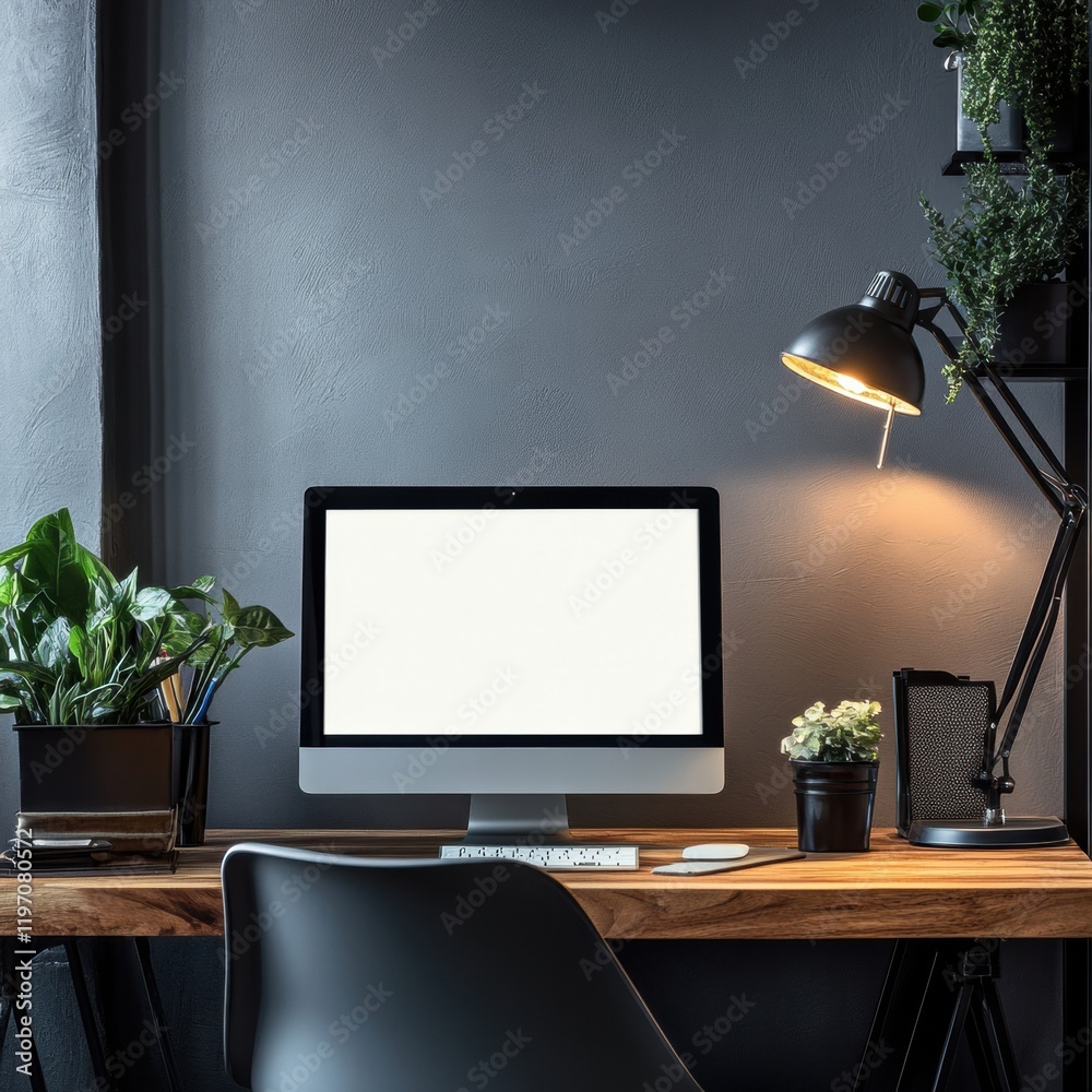 Poster Modern workspace with copy space for text in a cozy home office setting. Generative AI