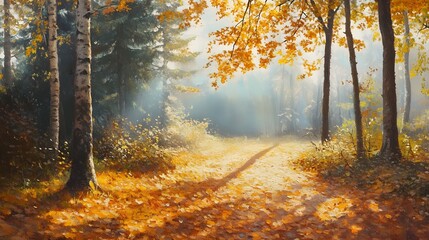 Obraz premium Golden Autumn Forest with Sun Rays 