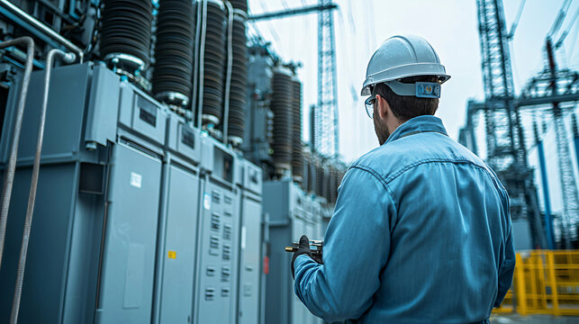 A technician inspects a high-voltage circuit breaker in an industrial substation, with transformers and power lines stretching into the distance