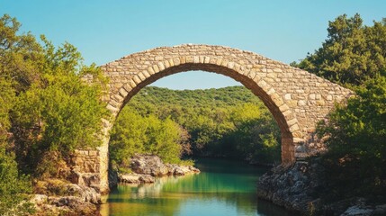 Fototapeta premium A historical stone bridge arching gracefully over a calm river, surrounded by greenery.