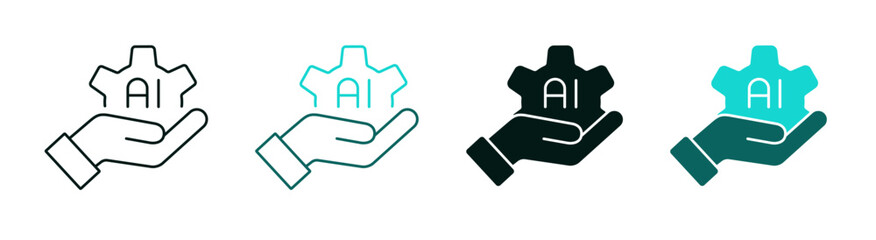 AI Development icon set. Artificial intelligence, technology, support concept. Hand holding a gear. Cogwheel symbol for web or mobile app. Line or solid logo. White background. Editable vector stroke.