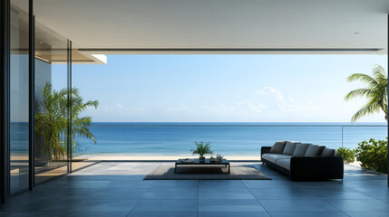 Fototapeta premium modern luxury oceanfront patio design with contemporary coastal decor and furniture in beachfront balcony and terrace with ocean view