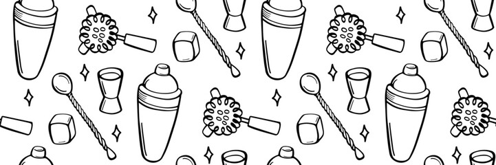 Bartender cocktail equipment seamless pattern. Background for bar, menu, web, logo. Stirring spoon jigger, shaker, Hawthorne strainer doodle illustration. Sketch style vector outline illustration.