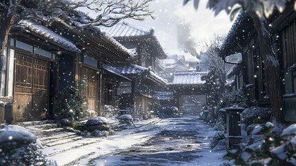 Japanese courtyard in the snow 