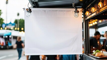 Blank food stall banner at a vibrant outdoor market with patrons enjoying their meals