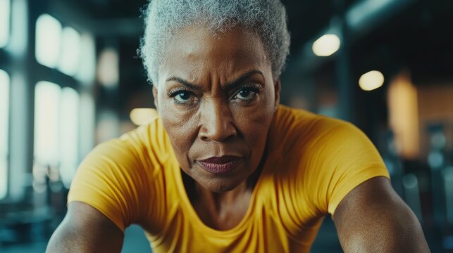 Senior Black woman in a yellow shirt working out in a gym, exuding determination and strength, symbolizing healthy aging and commitment to wellness. Perfect for fitness and active lifestyle themes.