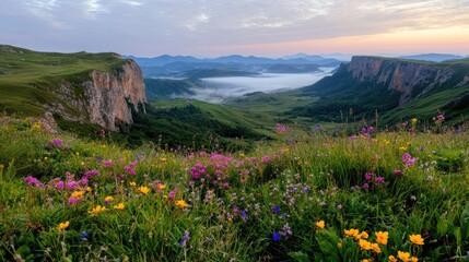 Fototapeta premium Sunrise over misty mountain valley wildflowers