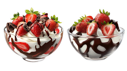 Two bowls of strawberry ice cream with chocolate sauce