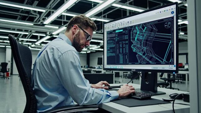 Engineer working on computer drafting designs in a modern office environment
