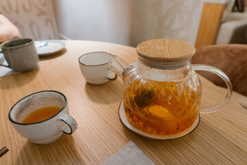 dirty glasses on the table of a Georgian cafe. stained drink glass