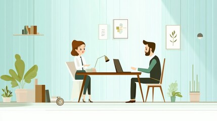 Modern Office Meeting Between Two Colleagues in Bright and Minimalist Workspace with Indoor Plants