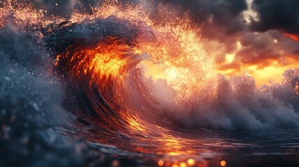 Fototapeta premium Vibrant Ocean Wave Art Photography Dramatic Fire Sunset Natural Beauty
