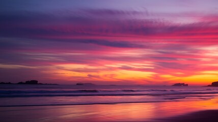 A vibrant sunset paints the sky with shades of pink, orange, and purple over a calm ocean shoreline