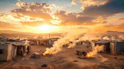 Sunset over african shanty town in dry highlands landscape