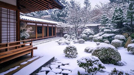Japanese courtyard in the snow 