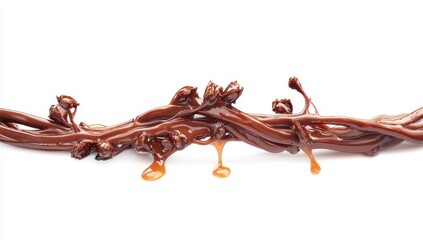 Melted chocolate flows elegantly along a branch-like structure, creating a deliciously artistic display of rich cocoa goodness and smooth caramel drips