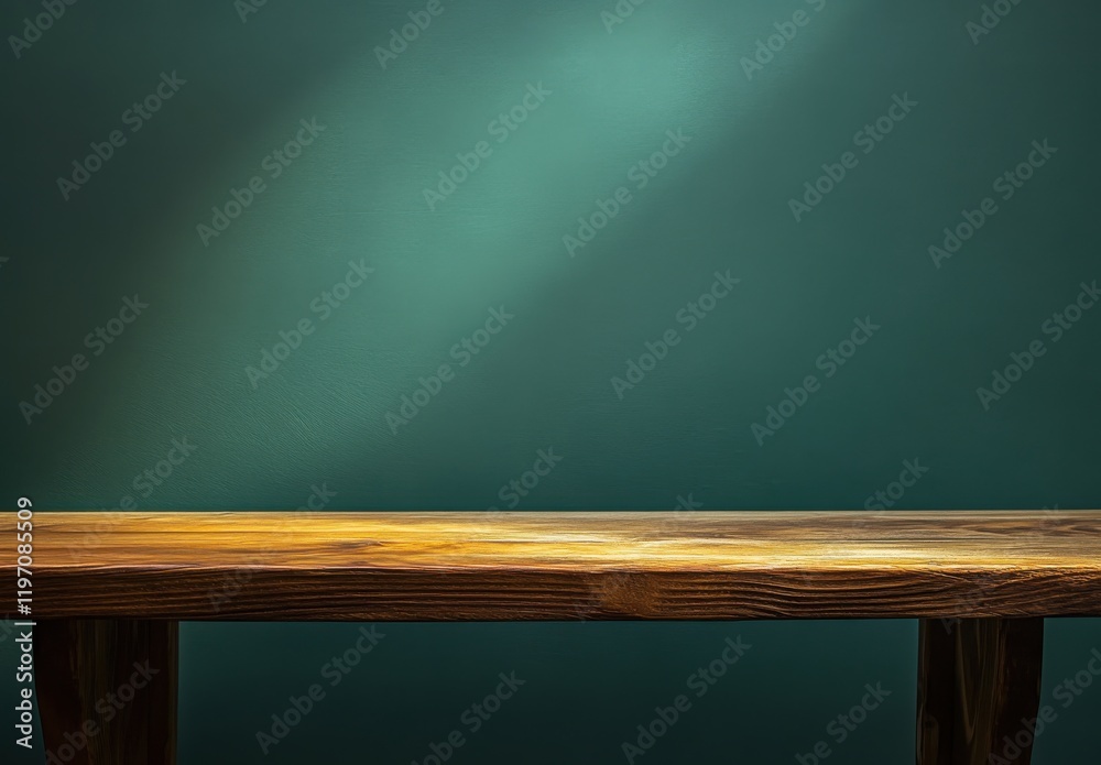 Poster plain wooden table surface on dark green background with subtle lighting effects creating an elegant