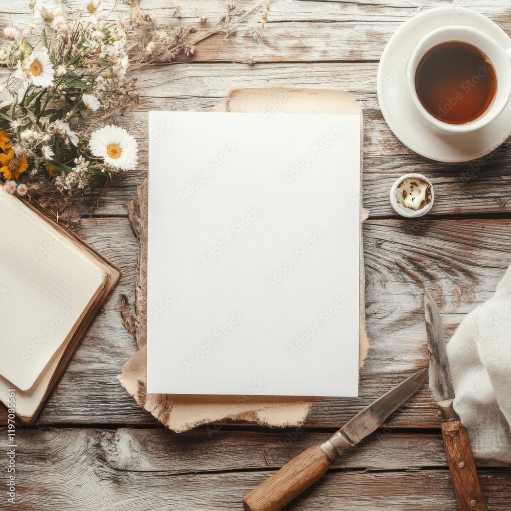 Leinwandbilder cozy workspace with blank paper, cup of coffee, and rustic wooden table décor for creative projects 