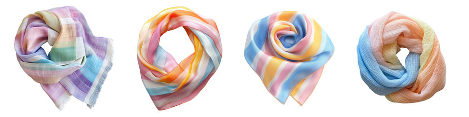 Fototapeta premium Colorful scarves displayed on a transparent background.