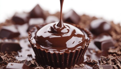 Rich and Decadent Dark Chocolate Drizzle over a Round Chocolate Treat Surrounded by Shaved Dark Chocolate and Chocolate Chips on a White Background