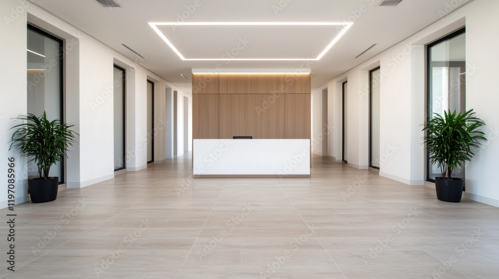Aufkleber modern corporate reception area with white reception desk and tiled floor