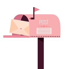 A cute pink classic mailbox for love letters. Love postbox with letter. Mailbox for sending valentines. Lovely design for Valentine's day greeting and invitation card.