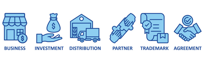 Franchise icon set illustration concept with icon of business, investment, distribution, partner, trademark, agreement	