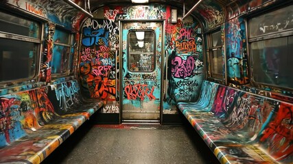 Vintage subway car featuring vibrant graffiti art with colorful designs and urban atmosphere - Powered by Adobe