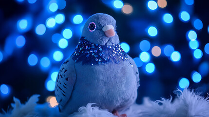 Obraz premium A pigeon plush with sparkling gemstone eyes on blue lights background