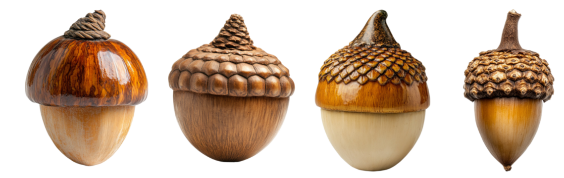 Four acorns with varying shapes and textures against a transparent background.