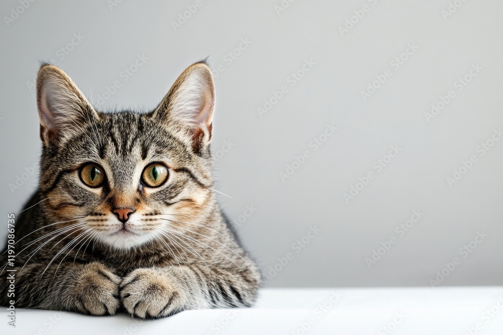 Poster Cute tabby cat resting on a surface with empty space for text and mock up in minimalistic light setting. Generative AI