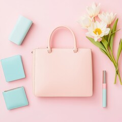 Stylish tote bag with spring flowers and pastel accessories on a soft pink background for fashion enthusiasts