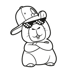 Cute cartoon capybara in a cap and sunglasses outlined for coloring page on white background