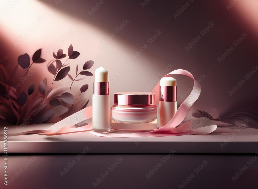 Poster elegant skincare set displayed on a minimalist shelf, bathed in soft light. pink ribbon and foliage 