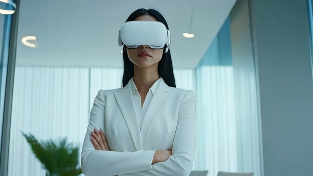 A businesswoman stands confidently, immersed in a virtual reality experience using a headset, showcasing modern tech engagement in a contemporary office - Powered by Adobe