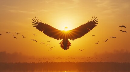 Obraz premium Majestic Eagle Soaring Above Sunset Flock Birds Golden Sky