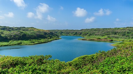 Fototapeta premium Serene lagoon nestled in lush green hills under a bright blue sky; perfect for travel brochures
