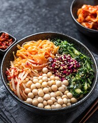 Delicious Bibimbap bowl with soy beans